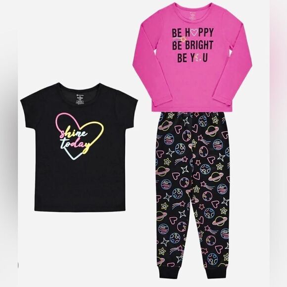 Member’s Mark girl’s pajama 3 piece set incl 1 long slve top, 1 tee,1 pj bottom - Picture 1 of 6